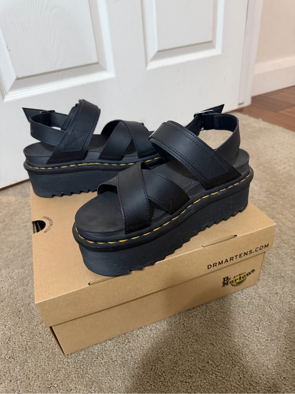 Dr. Martens Black Platform Sandal with Yellow Stitching